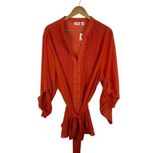 NWT Cato Sheer Lace Button Down Blouse Size 26/28W‎ Pintuck Tie Waist Boho Fall